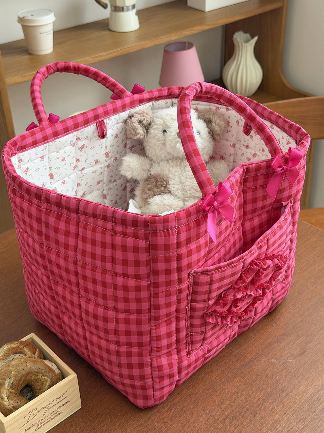 Plaid Quilted Storage Basket Red Organizer Tote