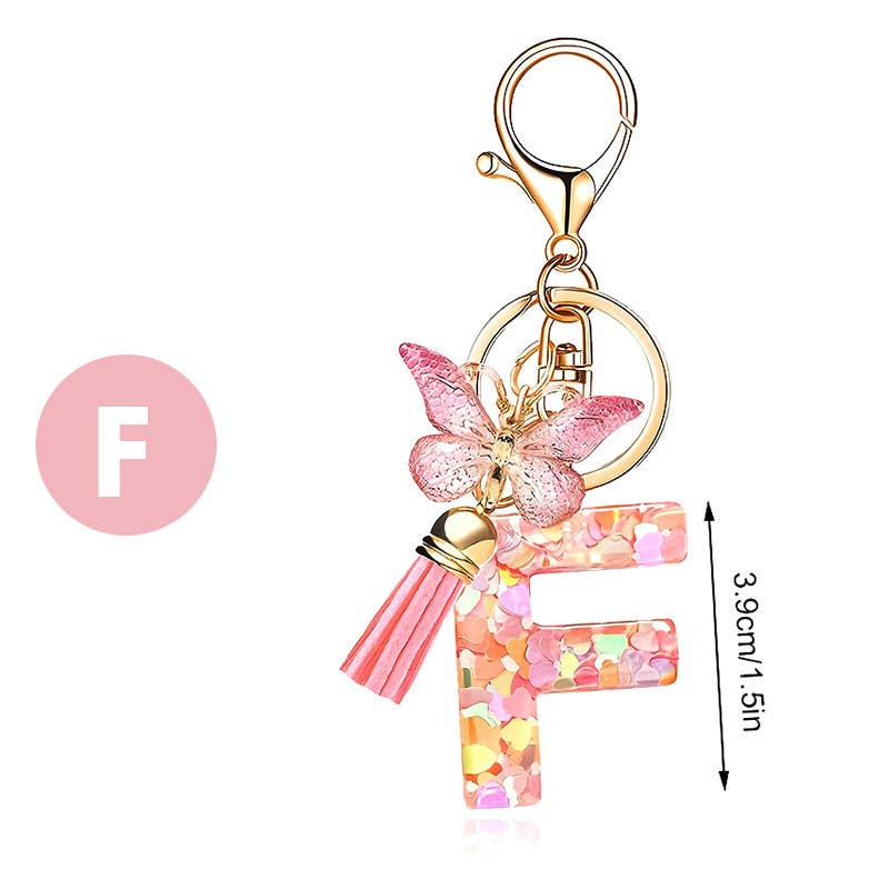 Letter Resin Keychain with Heart Sequins & Butterfly Charm