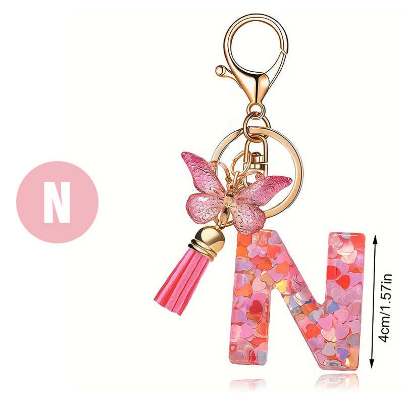 Letter Resin Keychain with Heart Sequins & Butterfly Charm
