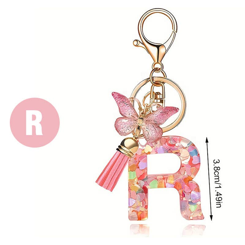 Letter Resin Keychain with Heart Sequins & Butterfly Charm