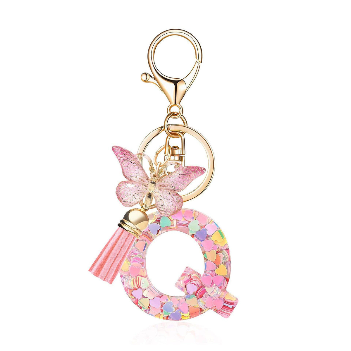 Letter Resin Keychain with Heart Sequins & Butterfly Charm