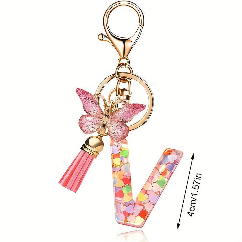 Letter Resin Keychain with Heart Sequins & Butterfly Charm