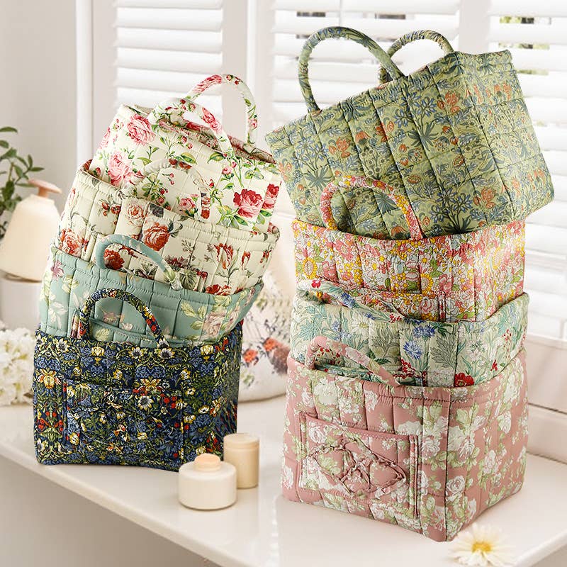 Vintage Floral Quilted Fabric Storage Basket with Handle