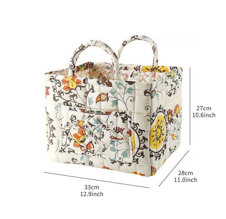 Vintage Floral Quilted Fabric Storage Basket with Handle