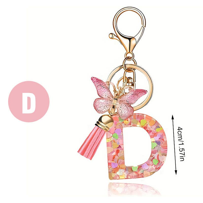 Letter Resin Keychain with Heart Sequins & Butterfly Charm