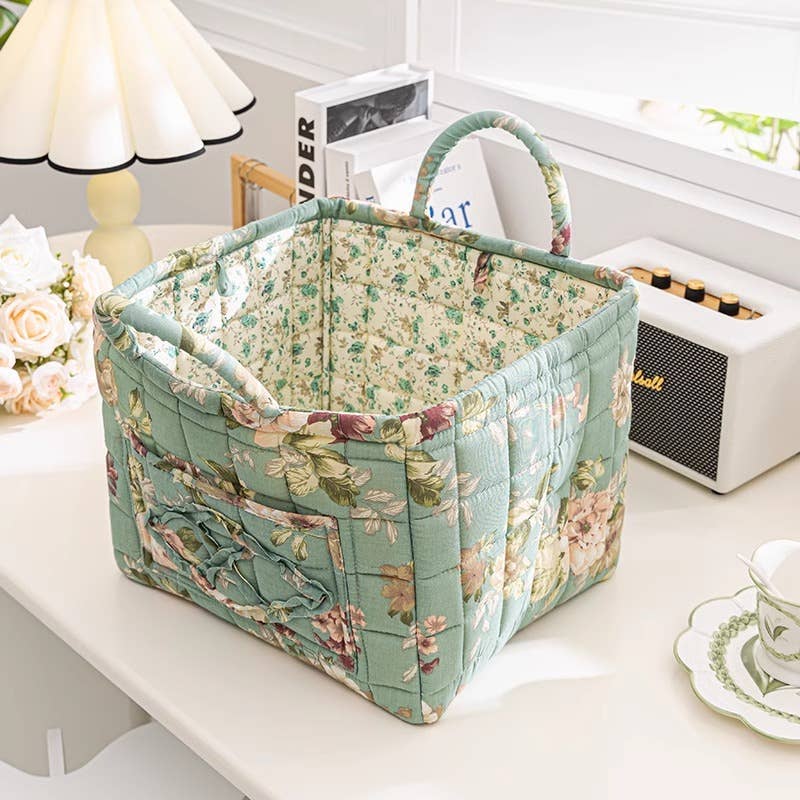 Floral Quilted Storage Basket Boho Fabric Organizer Tote