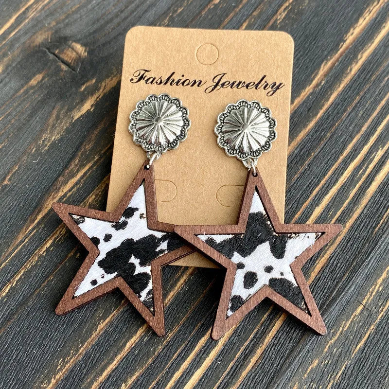 Western 5 Point Star Wooden Earrings