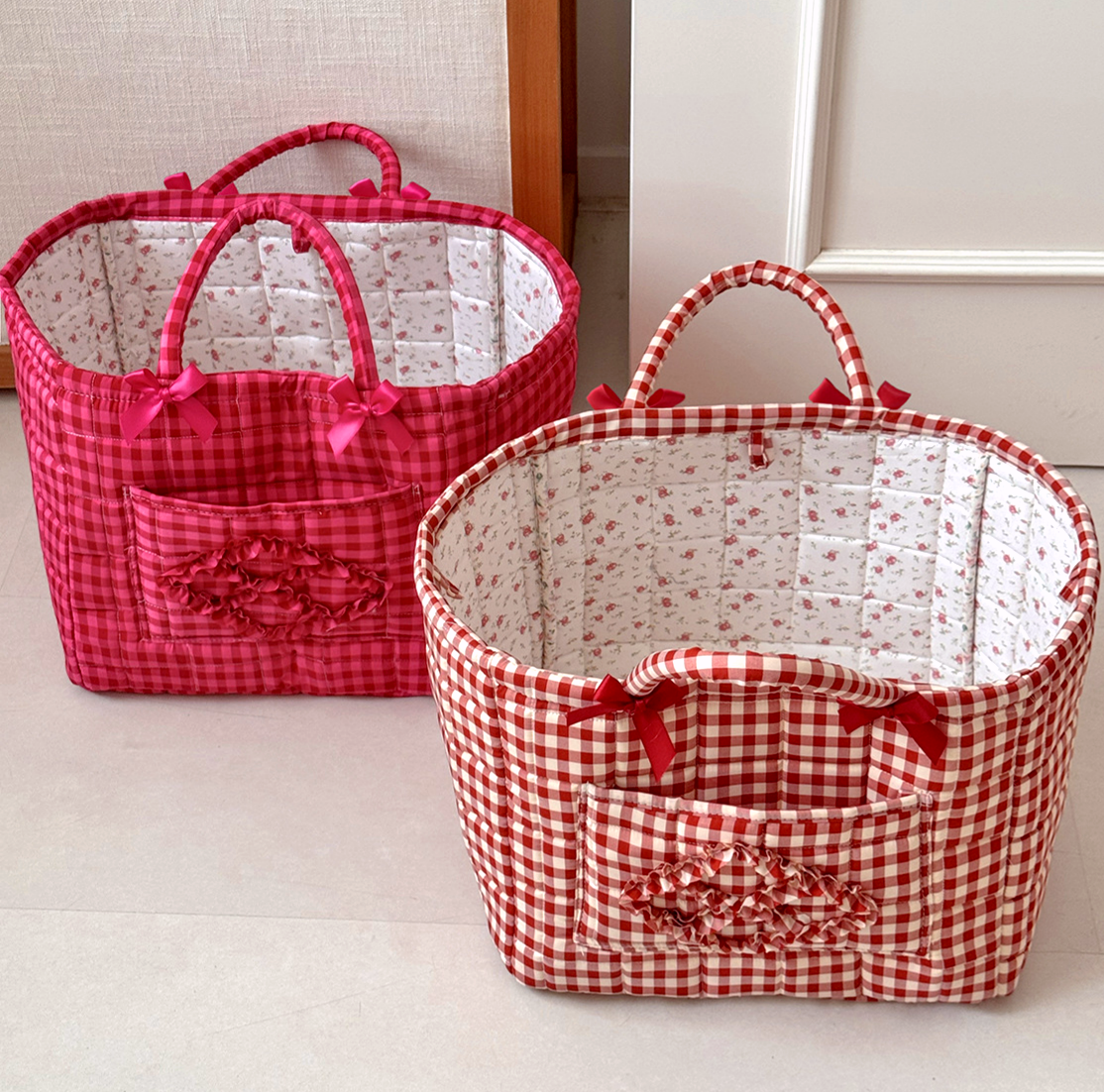 Plaid Quilted Storage Basket Red Organizer Tote
