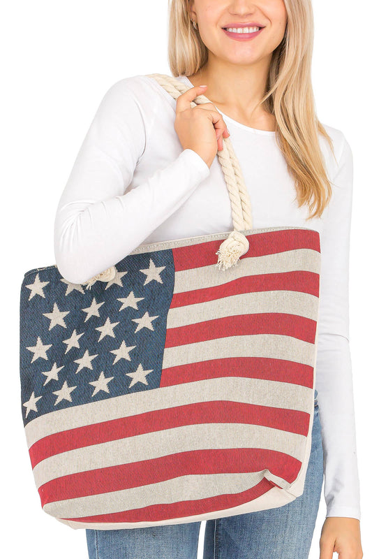 American Flag Zippered Burlap Canvas Tote Bag