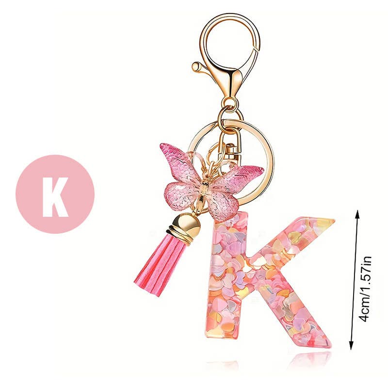Letter Resin Keychain with Heart Sequins & Butterfly Charm