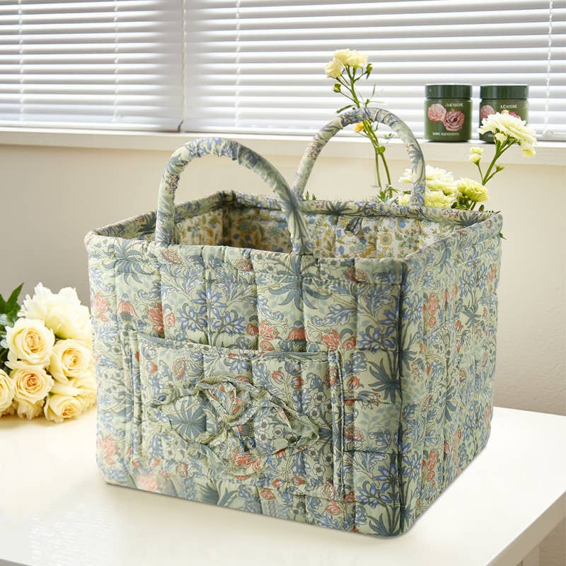 Vintage Floral Quilted Fabric Storage Basket with Handle