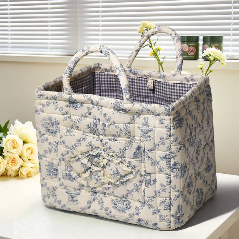 Floral Quilted Storage Basket Boho Fabric Organizer Tote