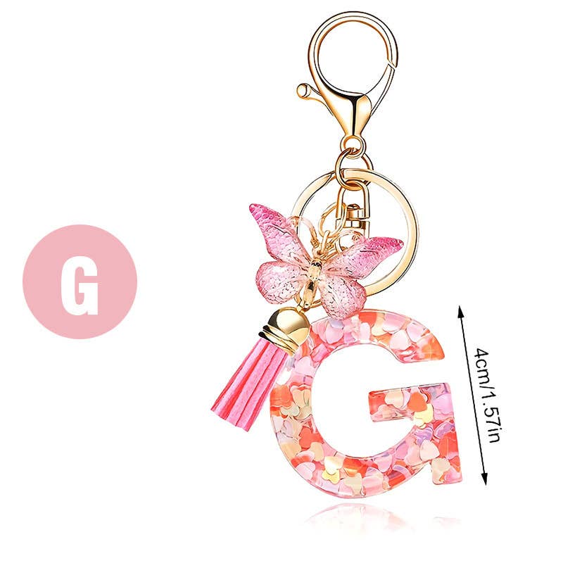 Letter Resin Keychain with Heart Sequins & Butterfly Charm