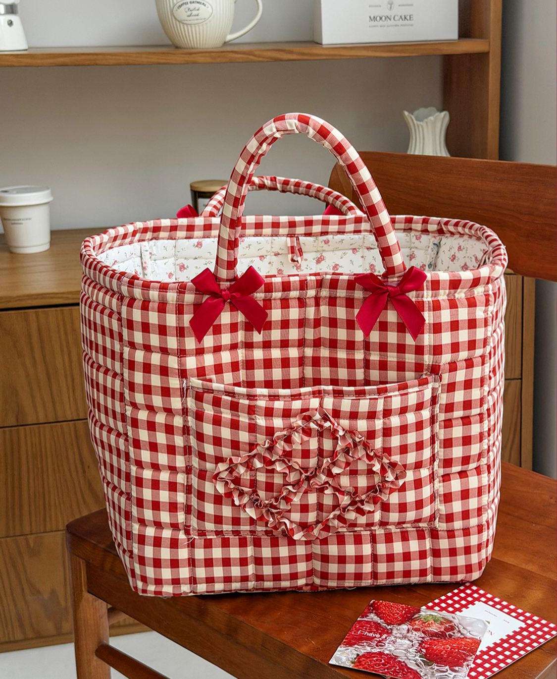 Plaid Quilted Storage Basket Red Organizer Tote