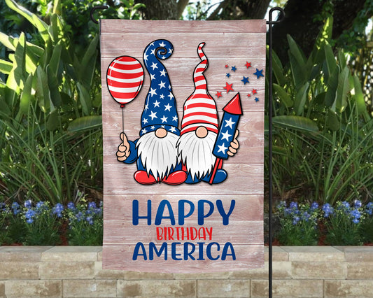 Garden Flag - HBD America Gnomes July 4th Independence Day