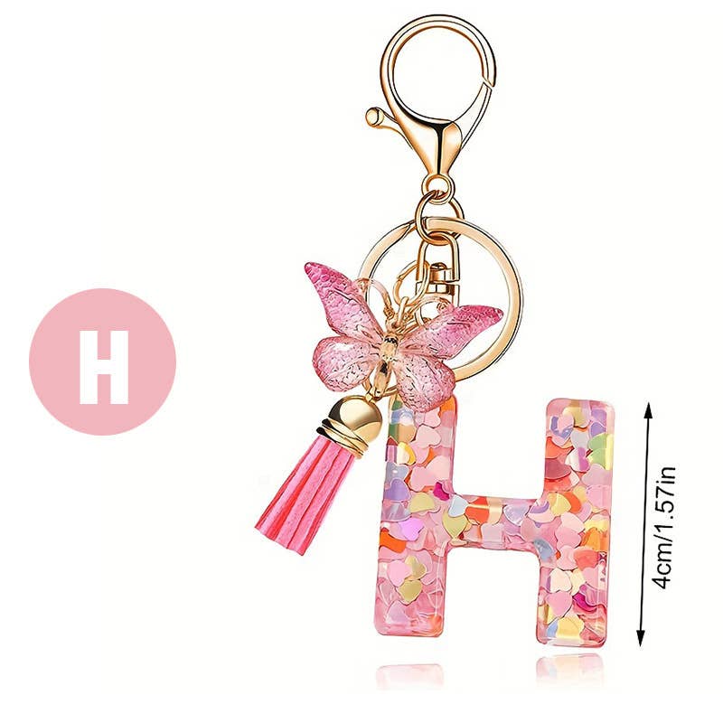 Letter Resin Keychain with Heart Sequins & Butterfly Charm