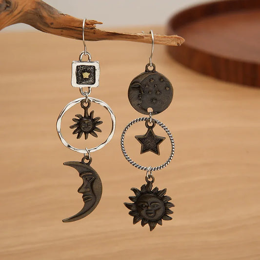 Pentagram Sun Moon Long Pendant Earrings