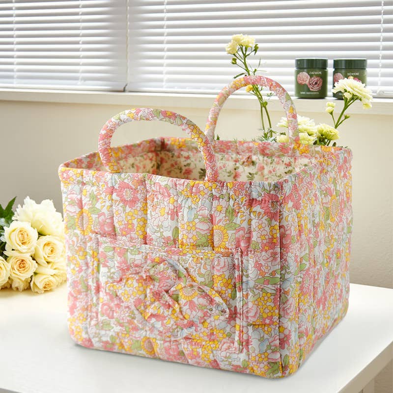 Floral Quilted Storage Basket Boho Fabric Organizer Tote