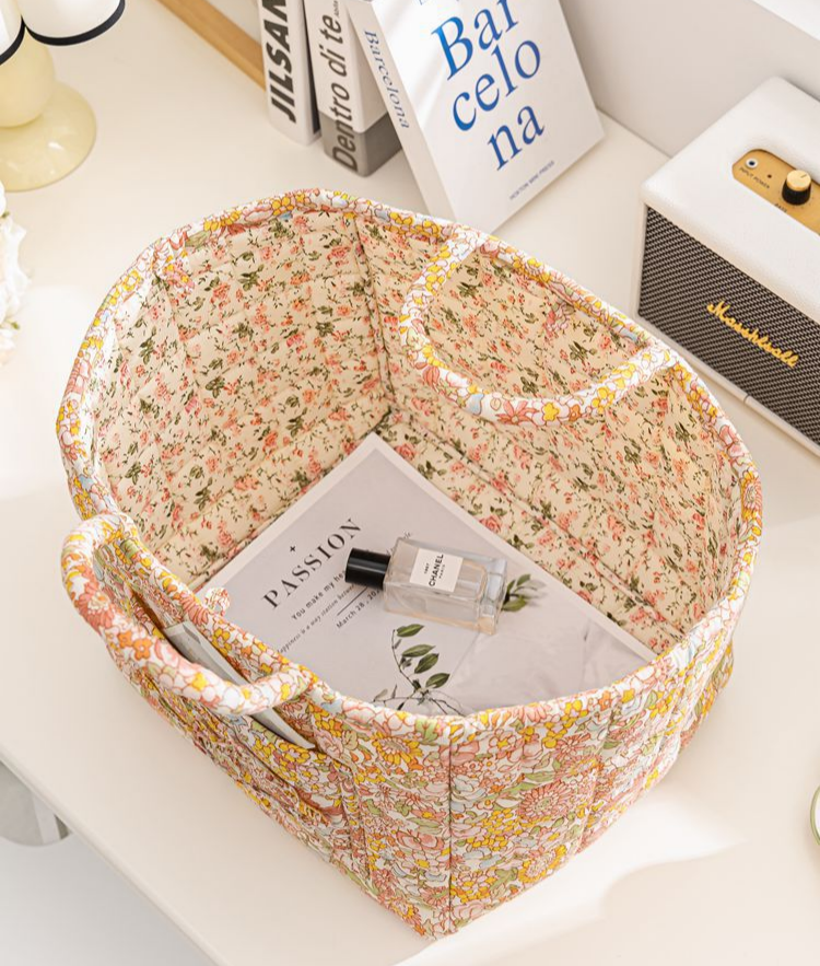 Floral Quilted Storage Basket Boho Fabric Organizer Tote