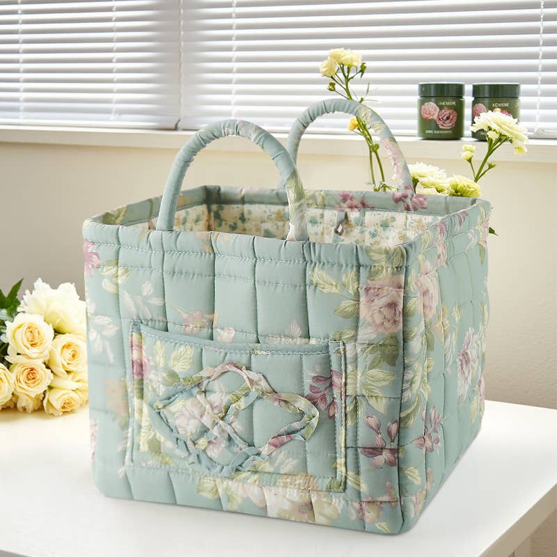 Vintage Floral Quilted Fabric Storage Basket with Handle