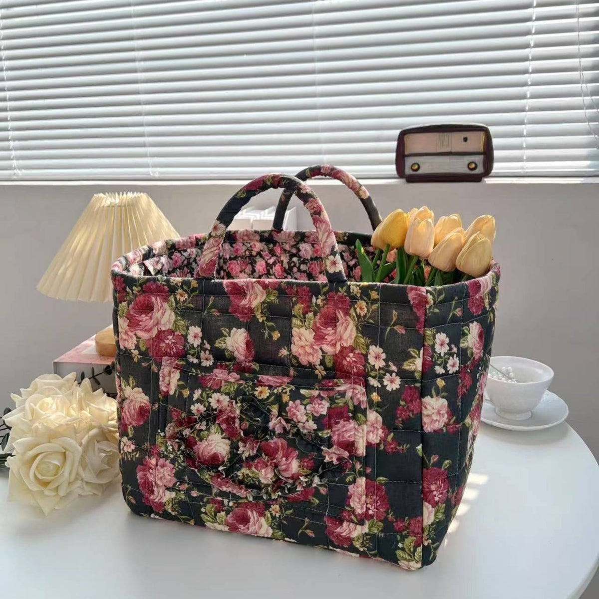 Floral Quilted Storage Basket Boho Fabric Organizer Tote