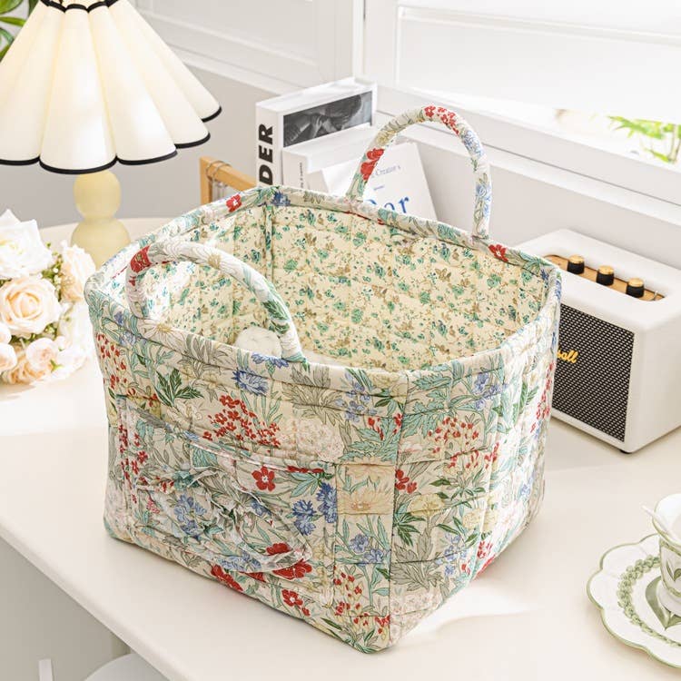 Floral Quilted Storage Basket Boho Fabric Organizer Tote