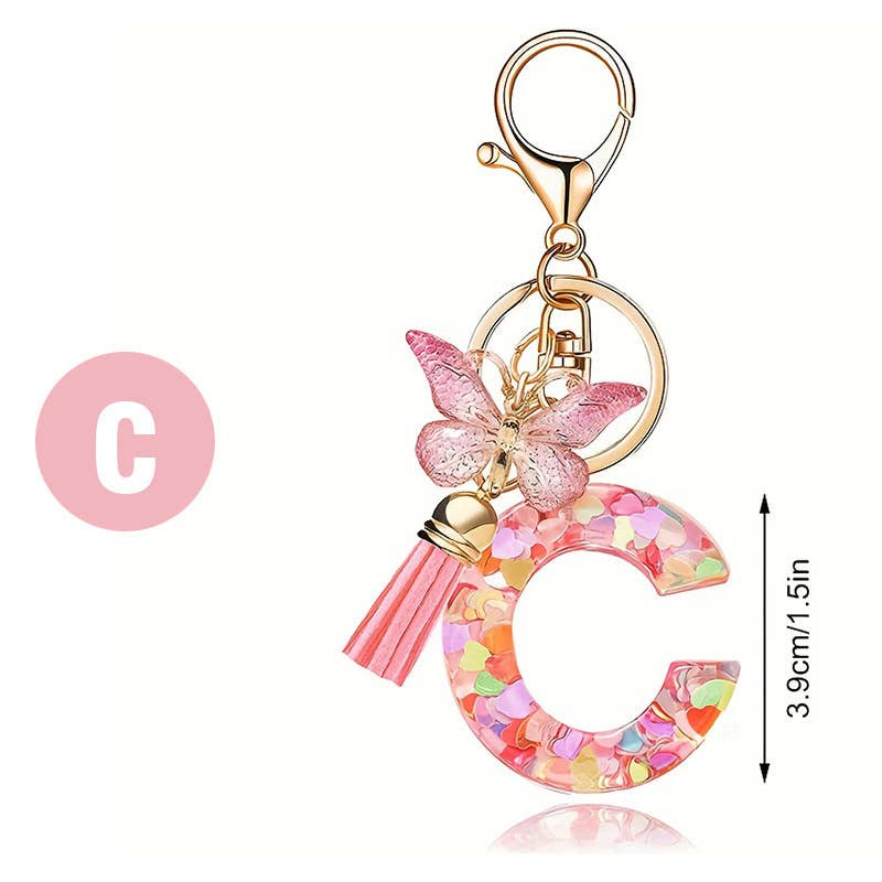 Letter Resin Keychain with Heart Sequins & Butterfly Charm