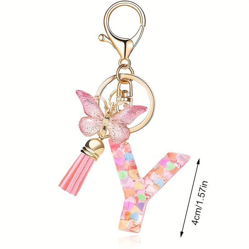 Letter Resin Keychain with Heart Sequins & Butterfly Charm