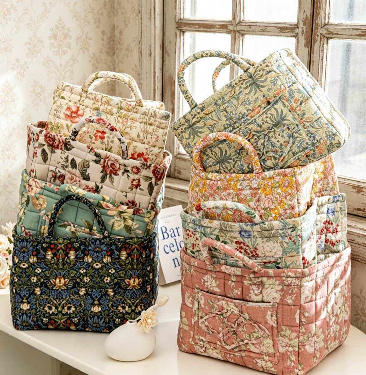Floral Quilted Storage Basket Boho Fabric Organizer Tote