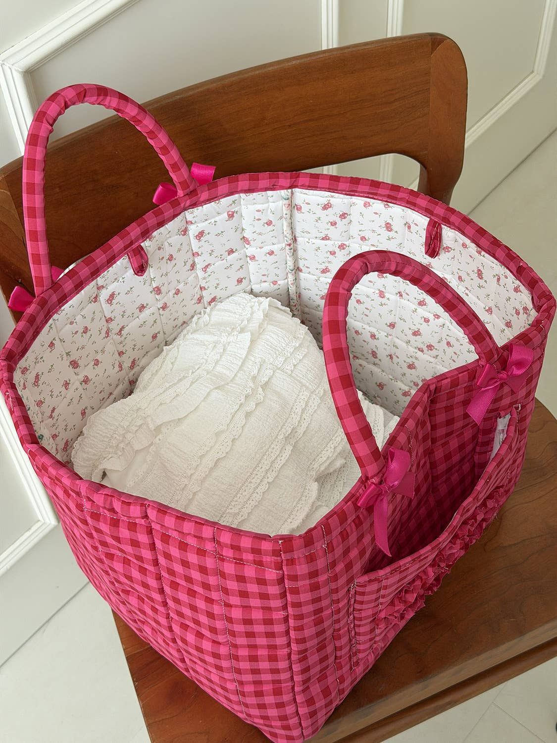 Plaid Quilted Storage Basket Red Organizer Tote