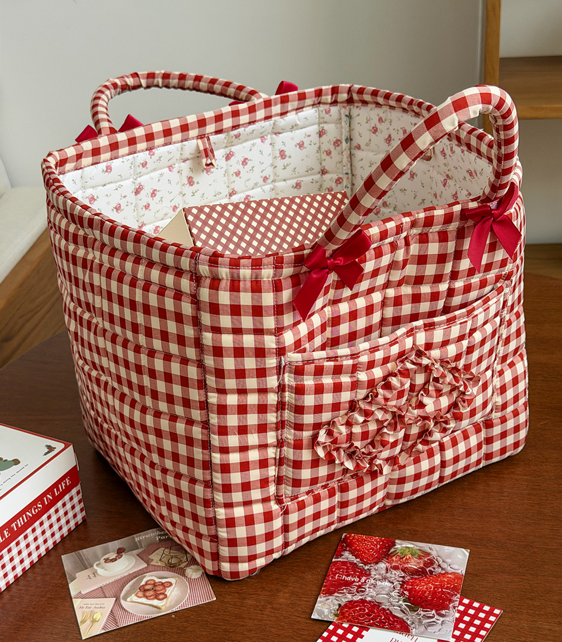 Plaid Quilted Storage Basket Red Organizer Tote