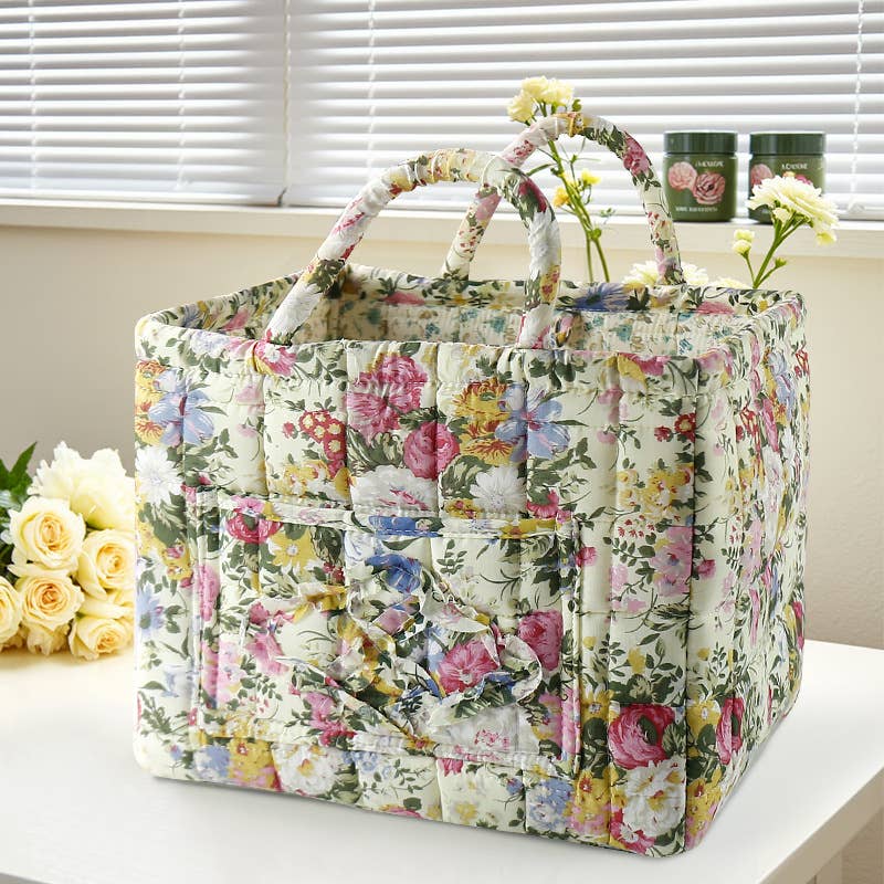 Vintage Floral Quilted Fabric Storage Basket with Handle