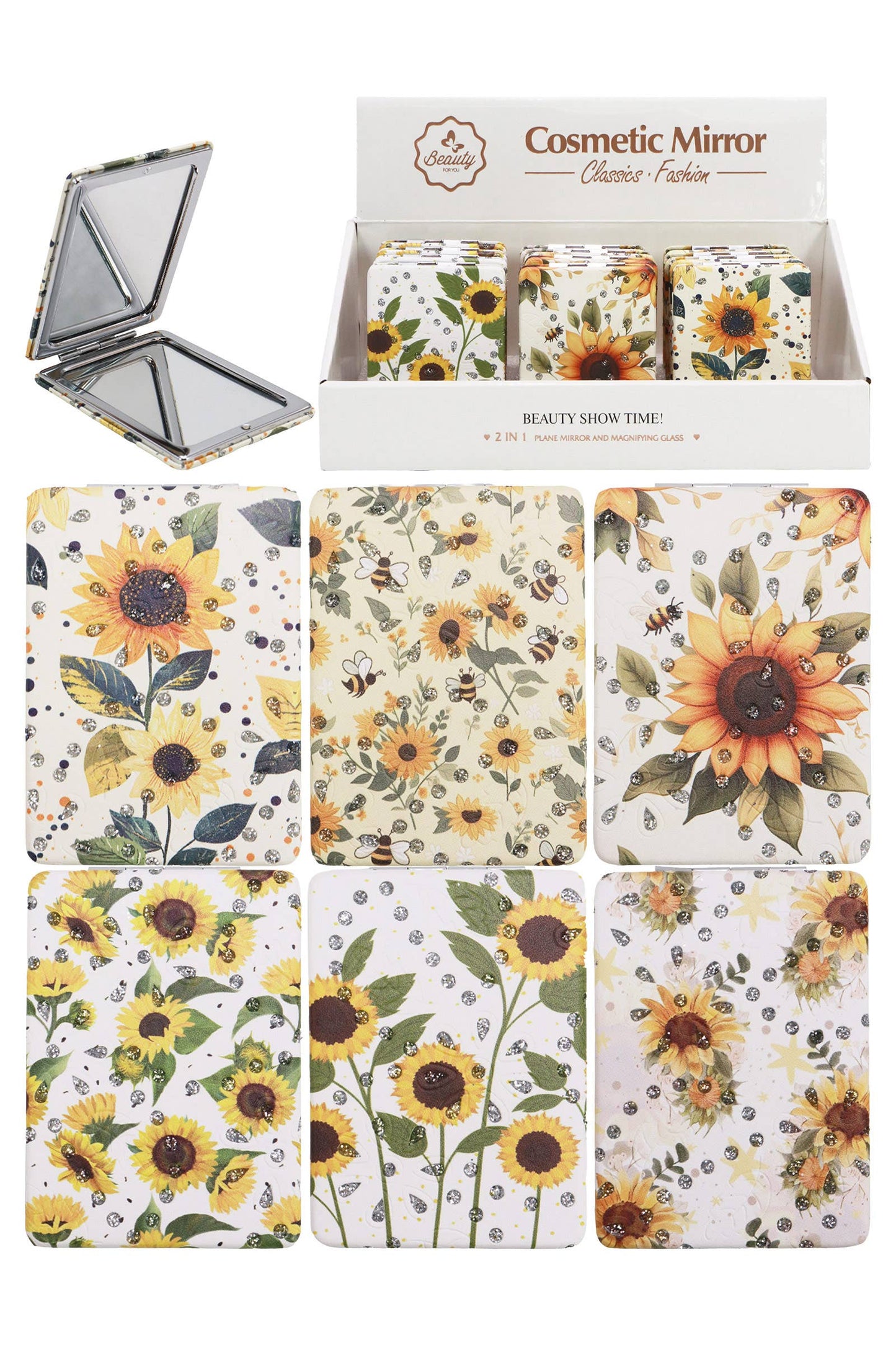 Glittery Sunflower Compact Mirror - 12 Pcs