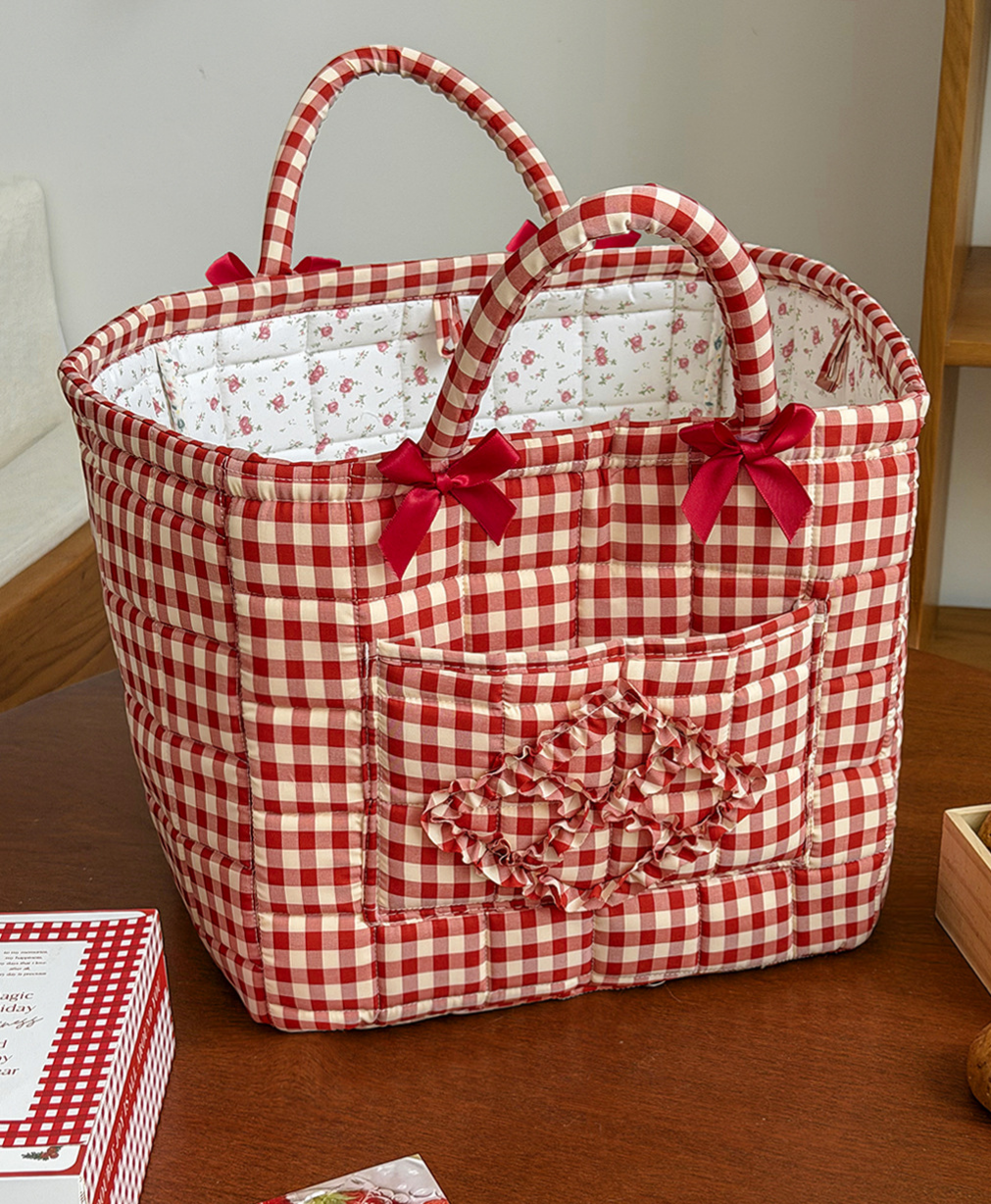 Plaid Quilted Storage Basket Red Organizer Tote