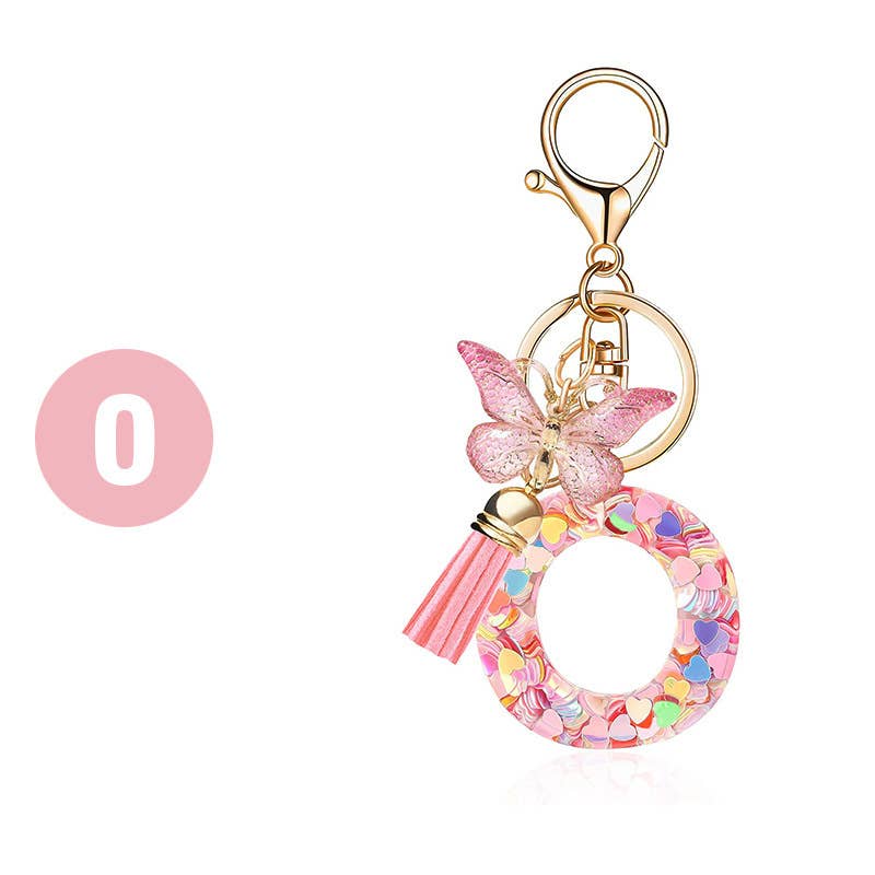 Letter Resin Keychain with Heart Sequins & Butterfly Charm
