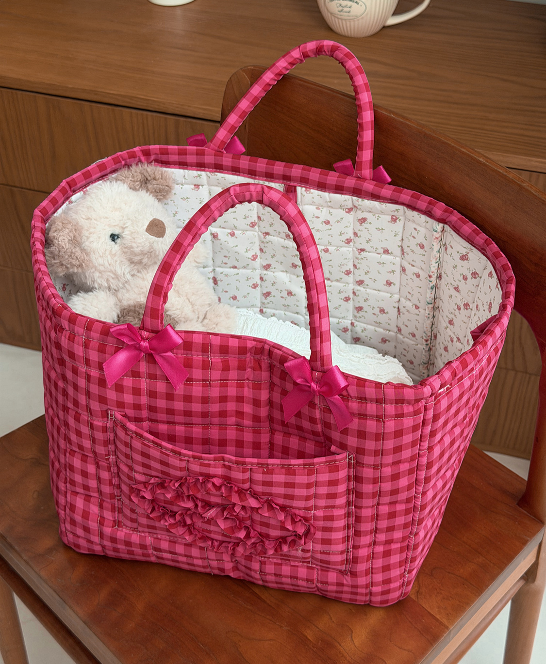 Plaid Quilted Storage Basket Red Organizer Tote