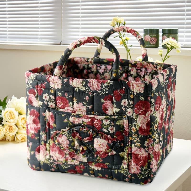Floral Quilted Storage Basket Boho Fabric Organizer Tote