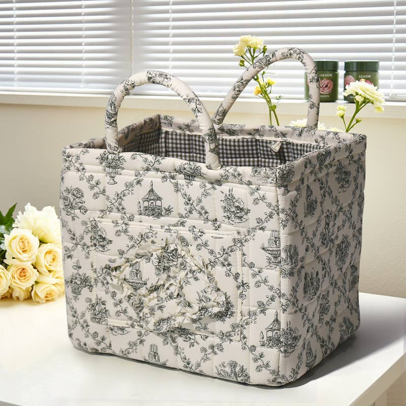 Floral Quilted Storage Basket Boho Fabric Organizer Tote